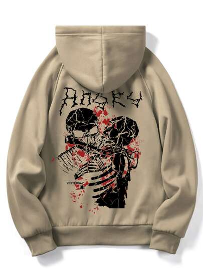 Grunge Punk Men Letter & Skeleton Print Raglan Sleeve Drawstring Thermal Hoodie