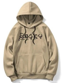 ROMWE MEN Grunge Punk Men Letter & Skeleton Print Raglan Sleeve Drawstring Thermal Hoodie - Khaki - View 2