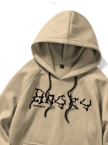 ROMWE MEN Grunge Punk Men Letter & Skeleton Print Raglan Sleeve Drawstring Thermal Hoodie - Khaki - View 3