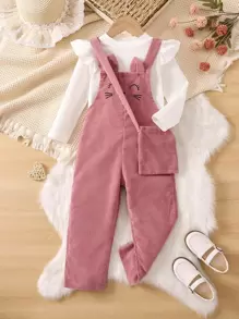 SHEIN Vintaside Kids Young Girl Ruffle Trim Tee & Cartoon Embroidery Overall Jumpsuit & Bag - Multicolor - View 1