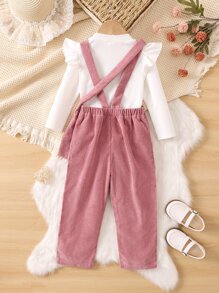 SHEIN Vintaside Kids Young Girl Ruffle Trim Tee & Cartoon Embroidery Overall Jumpsuit & Bag - Multicolor - View 2