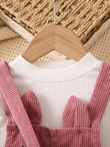 SHEIN Vintaside Kids Young Girl Ruffle Trim Tee & Cartoon Embroidery Overall Jumpsuit & Bag - Multicolor - View 3