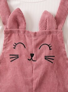 SHEIN Vintaside Kids Young Girl Ruffle Trim Tee & Cartoon Embroidery Overall Jumpsuit & Bag - Multicolor - View 5