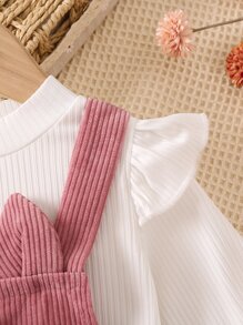 SHEIN Vintaside Kids Young Girl Ruffle Trim Tee & Cartoon Embroidery Overall Jumpsuit & Bag - Multicolor - View 7