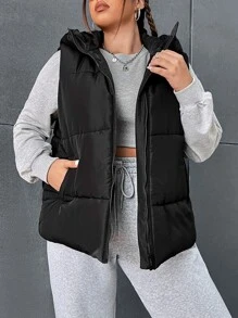 CovetEZ 大碼拉鏈開襟連帽羽絨背心大衣 - 黑色 - 查看 3