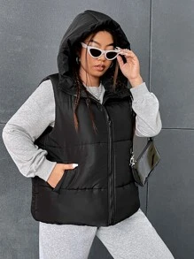 CovetEZ 大碼拉鏈開襟連帽羽絨背心大衣 - 黑色 - 查看 5