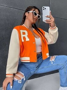 SHEIN EZwear Plus Letter Graphic Striped Trim Colorblock Bomber Jacket - Orange - View 1