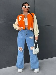 SHEIN EZwear Plus Letter Graphic Striped Trim Colorblock Bomber Jacket - Orange - View 4