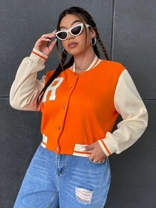 SHEIN EZwear Plus Letter Graphic Striped Trim Colorblock Bomber Jacket - Orange - View 5