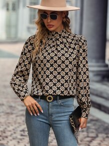 SHEIN LUNE Blusa con estampado de cuello alto - Caqui - Ver 4