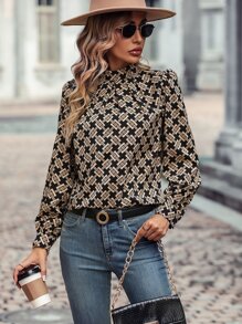 SHEIN LUNE Blusa con estampado de cuello alto - Caqui - Ver 6