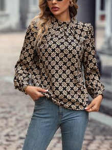 SHEIN LUNE Blusa con estampado de cuello alto - Caqui - Ver 5