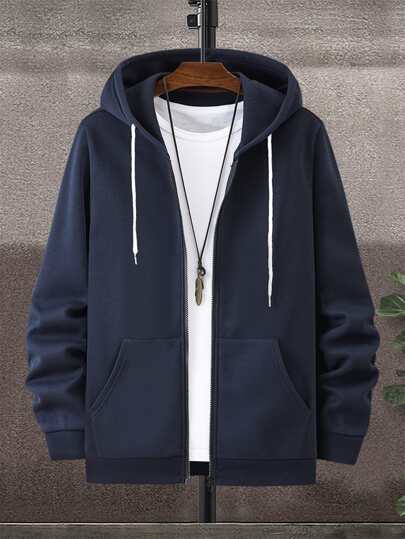 Manfinity Homme Men Zip Up Drawstring Thermal Lined Hooded Sweatshirt Without Tee, Zipper Dark Blue Basic Long Sleeve Hoodie, For Friends, Husband, Boyfriend Gifts , Fall Winter