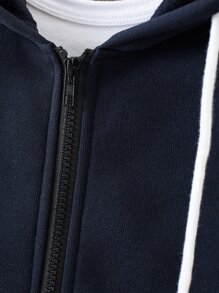 Manfinity Homme Men Zip Up Drawstring Thermal Lined Hooded Sweatshirt Without Tee, Zipper Dark Blue Basic Long Sleeve Hoodie, For Friends, Husband, Boyfriend Gifts , Fall Winter