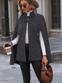 SHEIN LUNE Abrigo capa con patrón de cuadros de manga capa - Negro - Ver 1