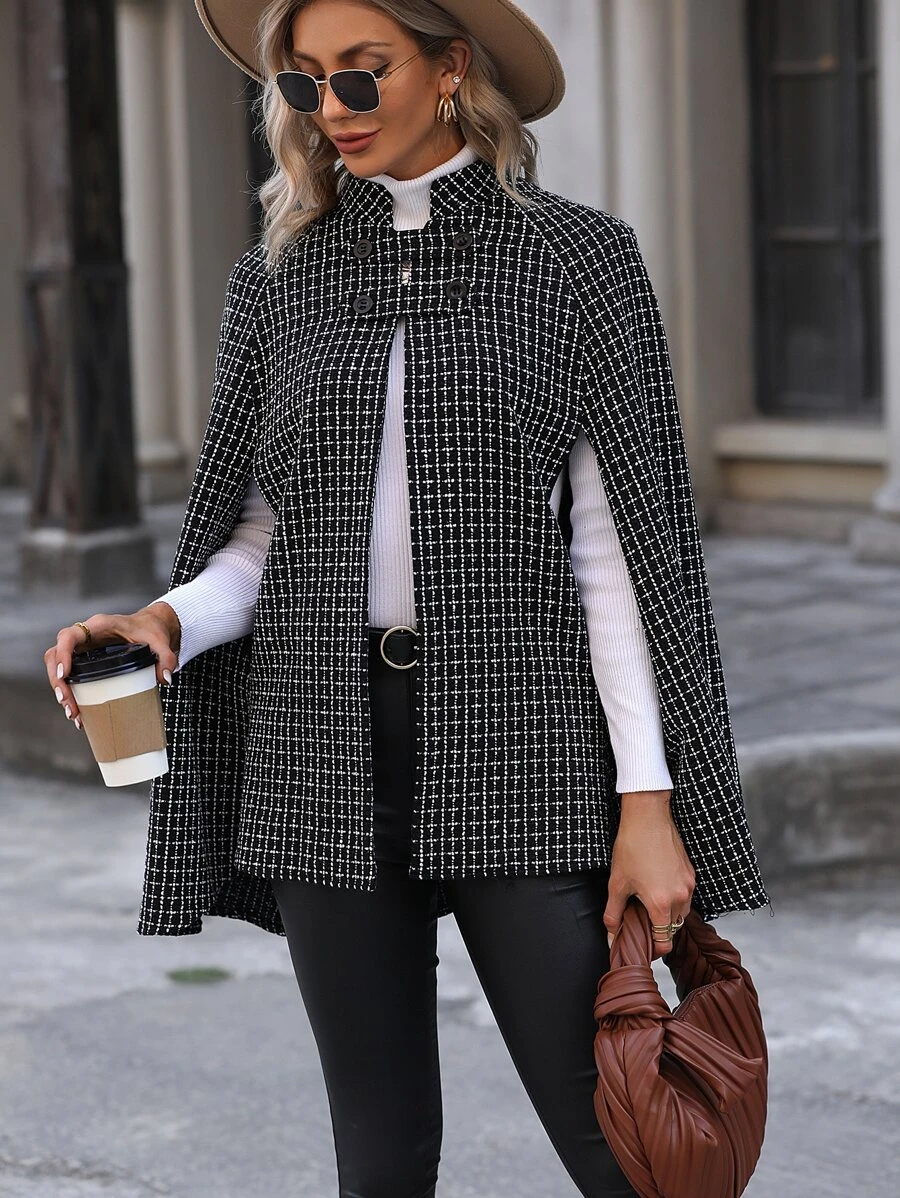 SHEIN LUNE Abrigo capa con patrón de cuadros de manga capa - Negro - Ver 1