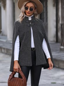 SHEIN LUNE Abrigo capa con patrón de cuadros de manga capa - Negro - Ver 3