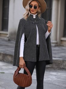 SHEIN LUNE Abrigo capa con patrón de cuadros de manga capa - Negro - Ver 4