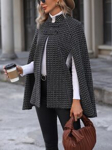 SHEIN LUNE Abrigo capa con patrón de cuadros de manga capa - Negro - Ver 5