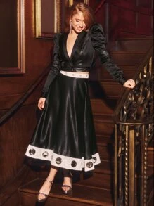 RAQUEL Business Casual Shawl Collar Gigot Sleeve Crop Blouse, Office - Black - View 3