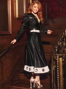 RAQUEL Business Casual Shawl Collar Gigot Sleeve Crop Blouse, Office - Black - View 4