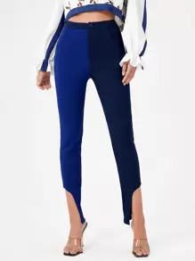 YINNG Two Tone Asymmetrical Hem Skinny Trousers - Blue - View 1