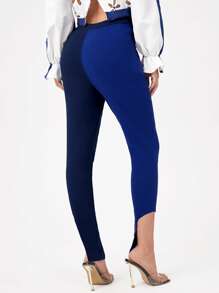 YINNG Two Tone Asymmetrical Hem Skinny Trousers - Blue - View 2