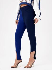 YINNG Two Tone Asymmetrical Hem Skinny Trousers - Blue - View 4