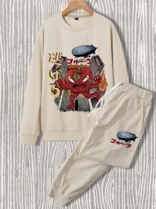 Manfinity Men Cartoon Graphic Sweatshirt With Joggers - Apricot - View 3