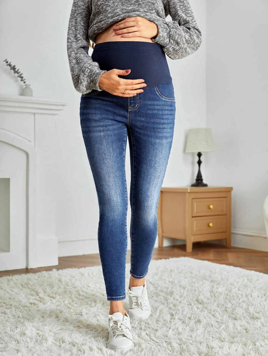 SHEIN Maternidad Jeans ajustados de talle alto - Azul lavado oscuro - Ver 1
