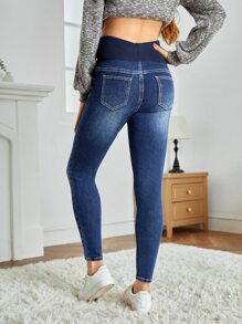 SHEIN Maternidad Jeans ajustados de talle alto - Azul lavado oscuro - Ver 2