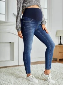 SHEIN Maternidad Jeans ajustados de talle alto - Azul lavado oscuro - Ver 6