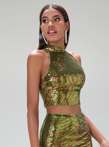 SHEIN BAE Tiger Striped Pattern Sequin Halter Top - Multicolor - View 1