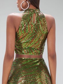 SHEIN BAE Tiger Striped Pattern Sequin Halter Top - Multicolor - View 2