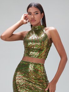 SHEIN BAE Tiger Striped Pattern Sequin Halter Top - Multicolor - View 4