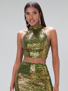 SHEIN BAE Tiger Striped Pattern Sequin Halter Top - Multicolor - View 5