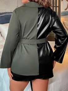 Plus Two Tone PU Leather Coat - Multicolor - View 2