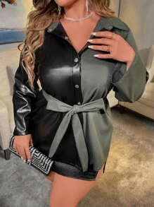 Plus Two Tone PU Leather Coat - Multicolor - View 5