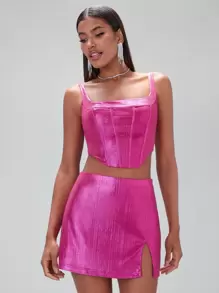 SHEIN BAE 短款金屬質感緊身胸衣和開衩短裙 - 玫紅色 - 查看 1