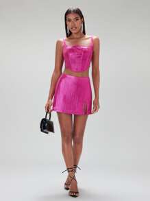 SHEIN BAE 短款金屬質感緊身胸衣和開衩短裙 - 玫紅色 - 查看 3
