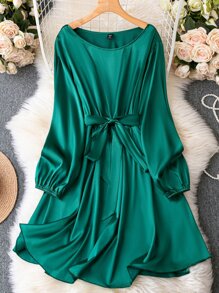 SHEIN Clasi 大碼素色燈籠袖繫腰帶洋裝