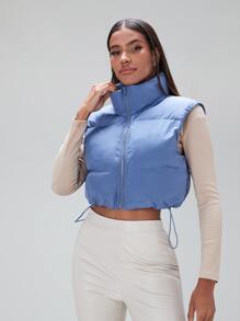 SHEIN BAE Abrigo chaleco acolchado bajo con cordón cremallera - Neblina azul - Ver 3
