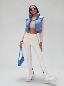 SHEIN BAE Abrigo chaleco acolchado bajo con cordón cremallera - Neblina azul - Ver 5