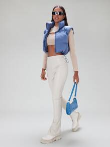 SHEIN BAE Abrigo chaleco acolchado bajo con cordón cremallera - Neblina azul - Ver 6