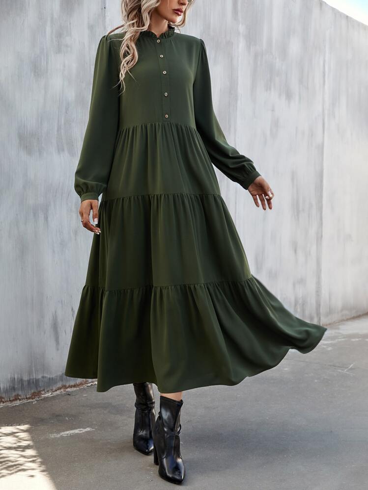 SHEIN Clasi Lantern Sleeve Ruffle Hem Shirt Dress - Dark Green - View 4