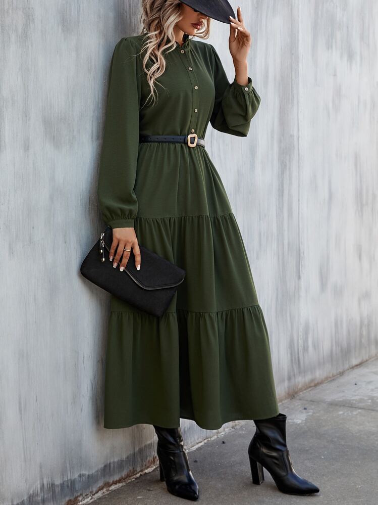 SHEIN Clasi Lantern Sleeve Ruffle Hem Shirt Dress - Dark Green - View 1