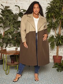 SHEIN CURVE+ Plus Two Tone Lapel Neck Overcoat - Multicolor - View 3