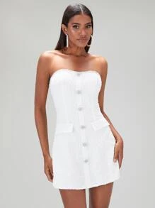 SHEIN BAE Button Front Tweed Tube Dress - White - View 3