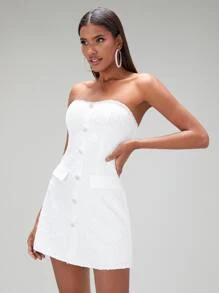 SHEIN BAE Button Front Tweed Tube Dress - White - View 4
