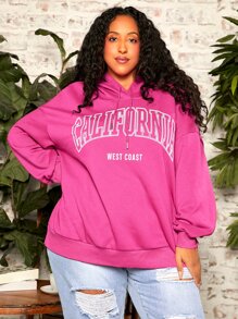 SHEIN CURVE+ Plus Letter Graphic Drop Shoulder Drawstring Hoodie - Pink - View 2